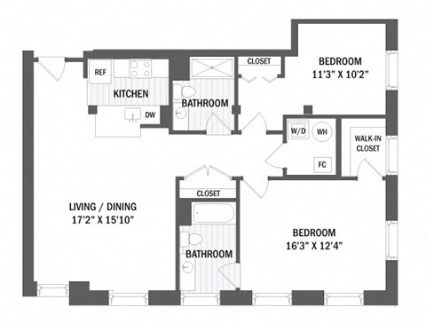 Floor plan for 2 beds, 2 baths, 1047 sqft